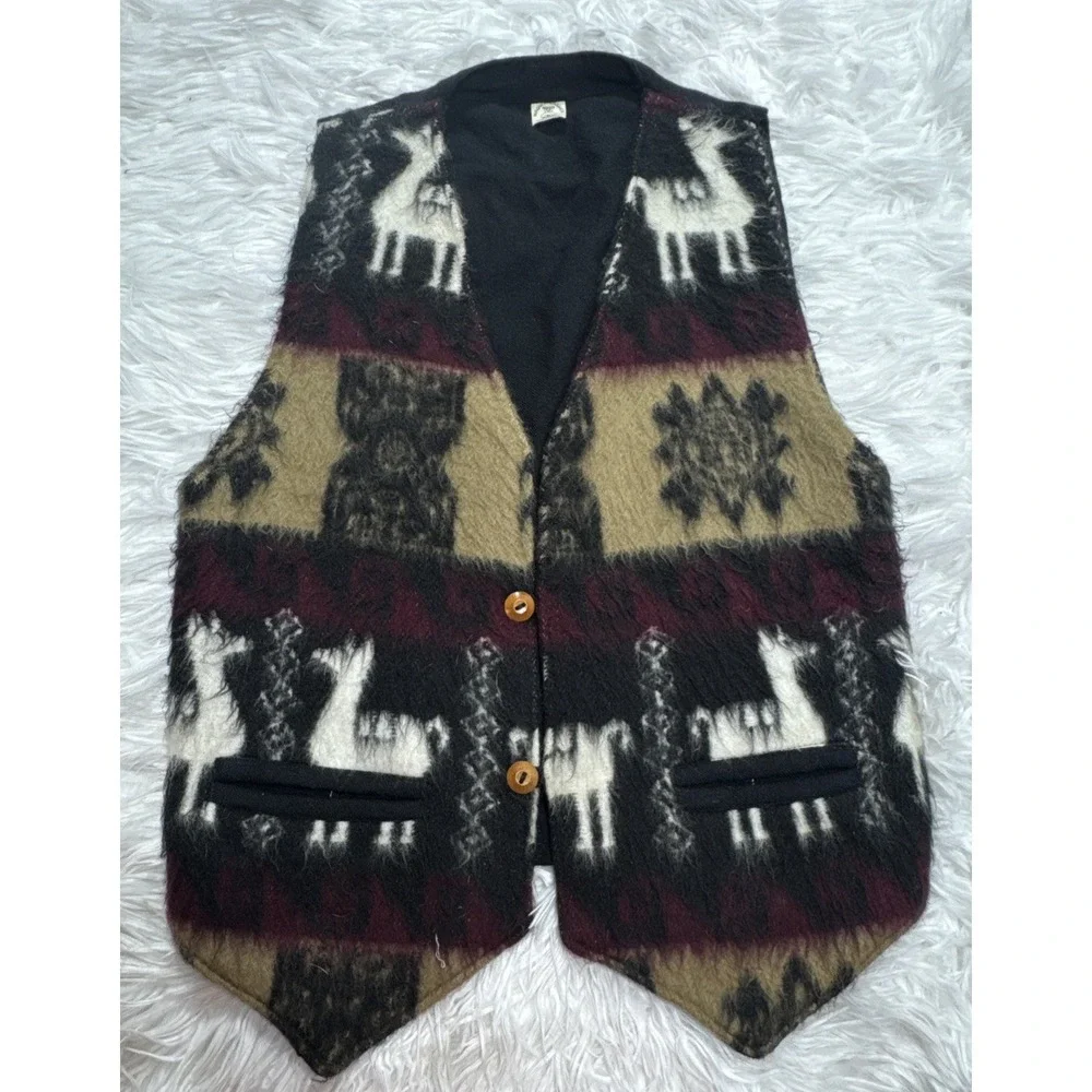 Vintage Handmade Alpaca Vest Ecuador Unisex Black Woven Tribal Southwestern Rare